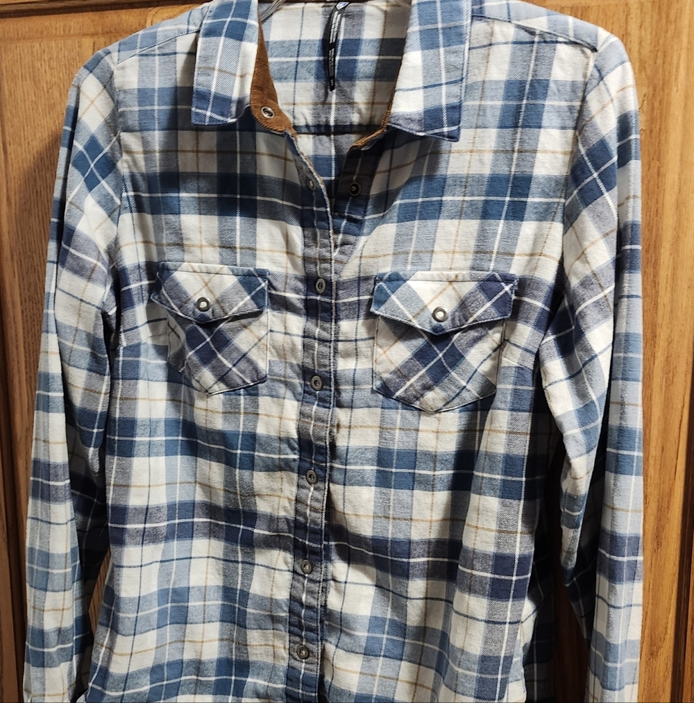 Women's Kuhl Blue and White Plaid Snap Button-Up Shirt Gorpcore